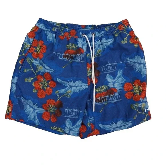 Huk Swim Trunks Mens Small Blue 5.5" Lined Floral Pier Volley Shorts Fishing - Picture 1 of 8